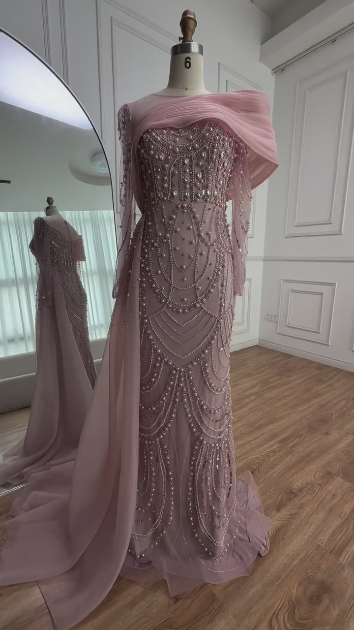 Luxury Designer Nude Crystal Mermaid Evening Dress with Overskirt LA72348