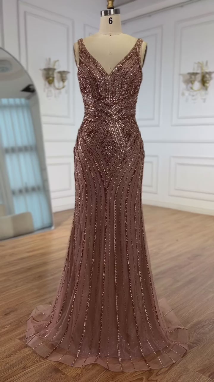 V Neck Beaded Sleeveless Mermaid Evening Dress LA73013