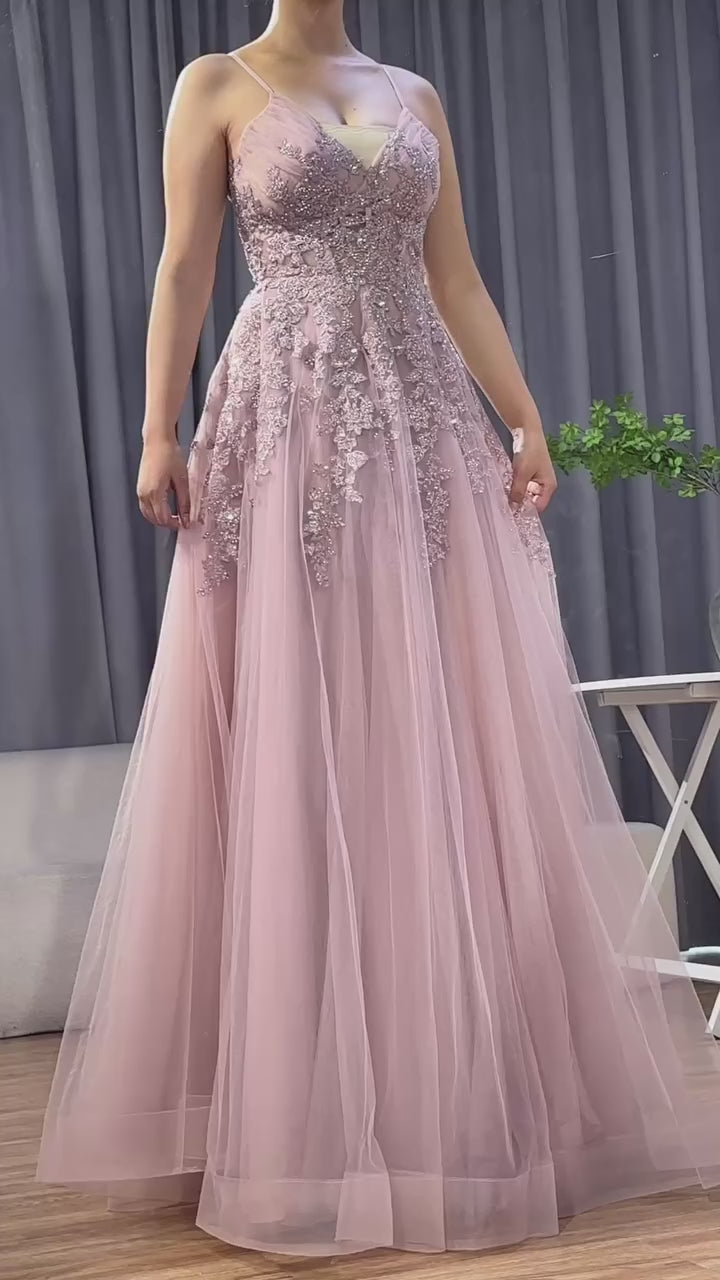 Luxury Pink Tulle A Line Prom Dress with Appliques LA73009
