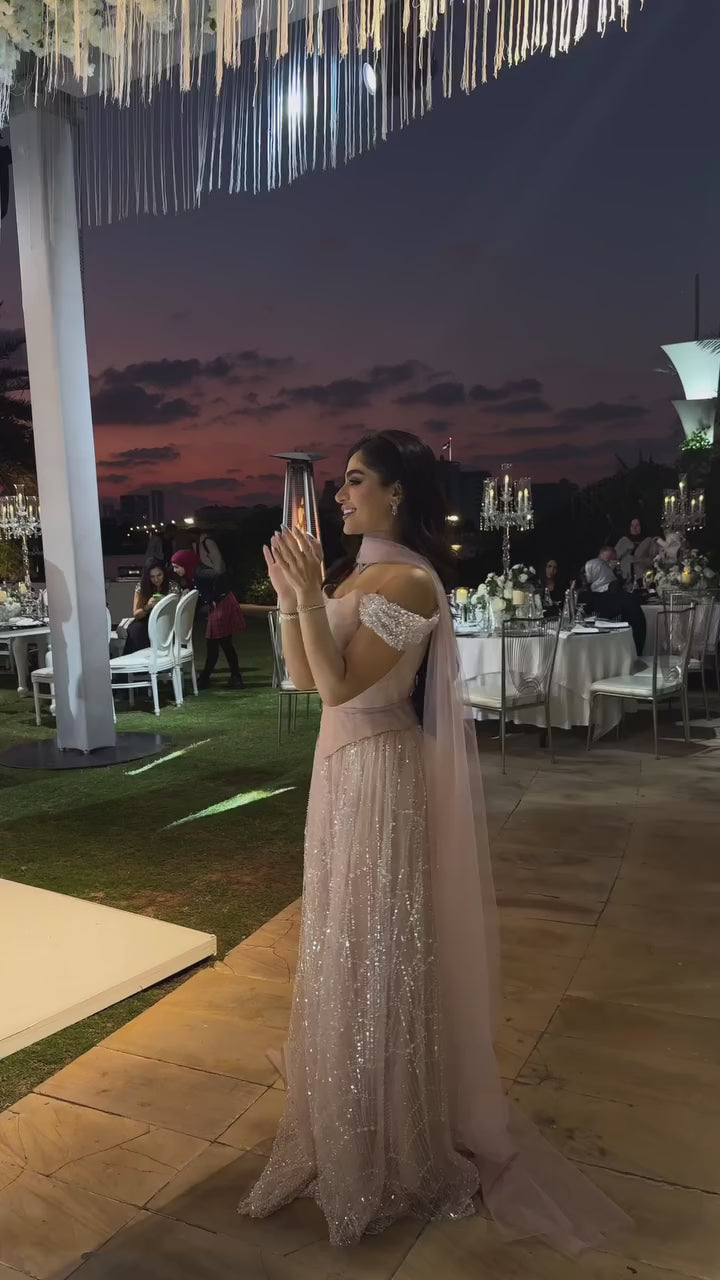 Luxury Arabic Pink Pearls Beaded Evening Dress With Cape LA72922