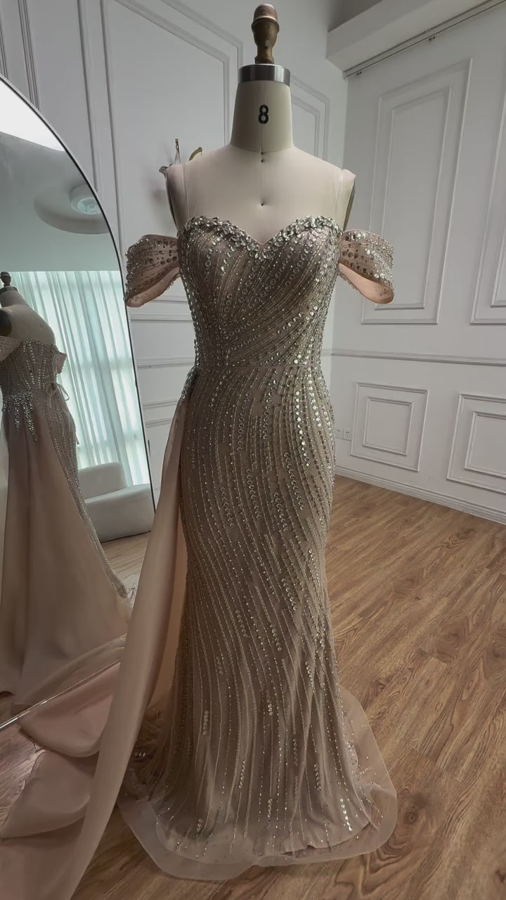 Luxury Nude Beaded Mermaid Evening Dress with Overskirt LA72911