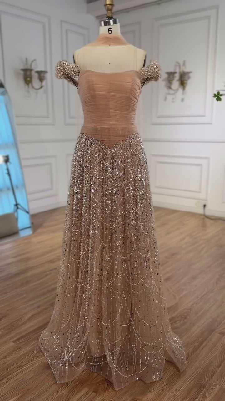 Luxury Arabic Pink Pearls Beaded Evening Dress With Cape LA72922