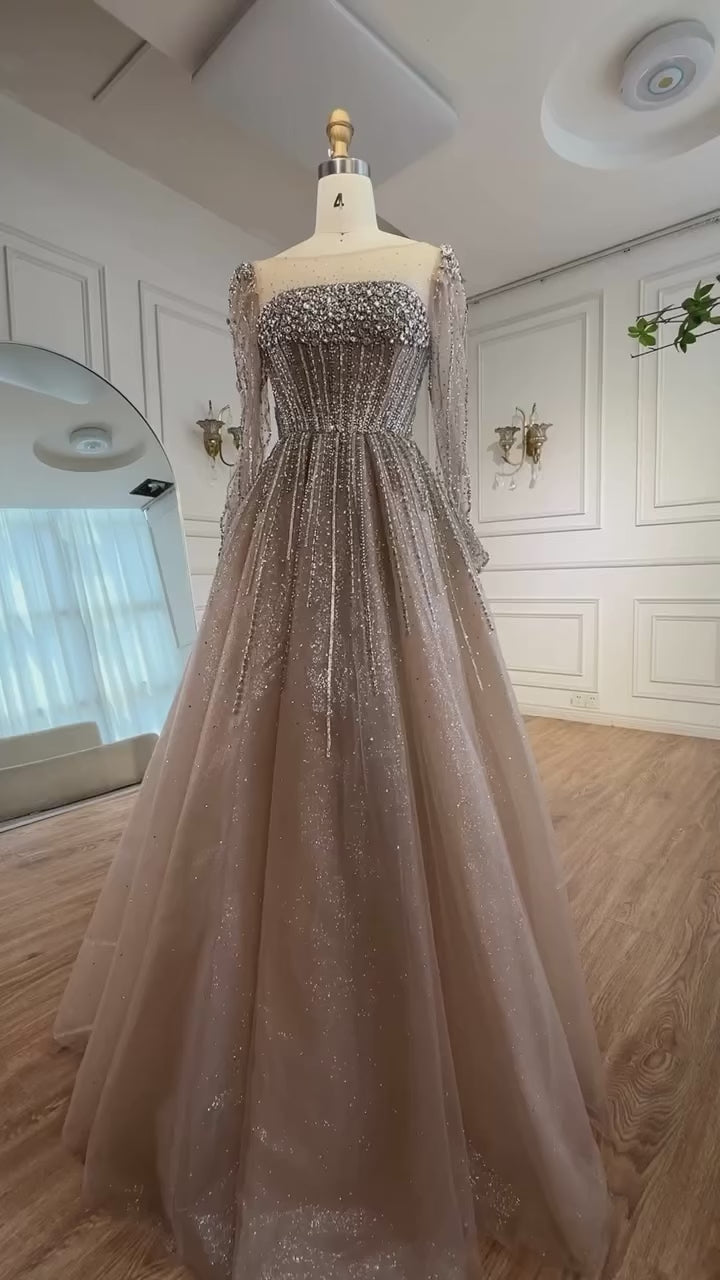 Luxury Caramel Sparkly A-Line Evening Dress with Long Sleeves LA72991