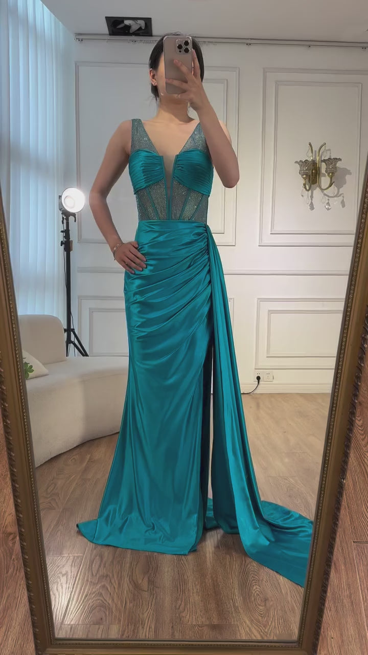 Corset Blue Prom Dress with Side Overskirt Spaghetti Straps LA73011