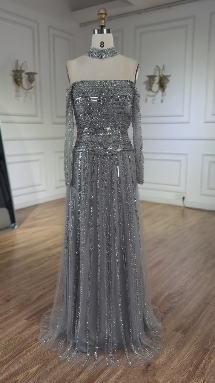 Luxury Caramel Off Shoulder Beaded Mermaid Evening Dress Long Sleeves LA73053
