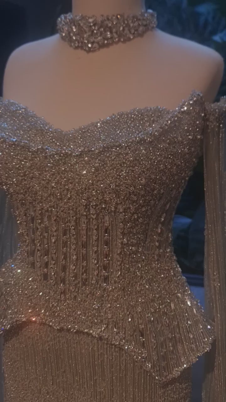 Luxury Gray Beaded Off-Shoulder Evening Dress with Cape Sleeves LA73076