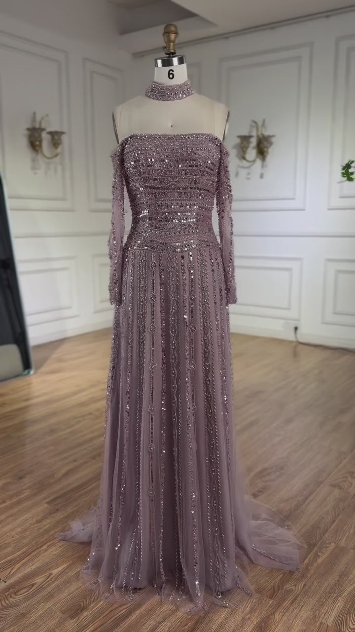 Luxury Caramel Off Shoulder Beaded Mermaid Evening Dress Long Sleeves LA73053