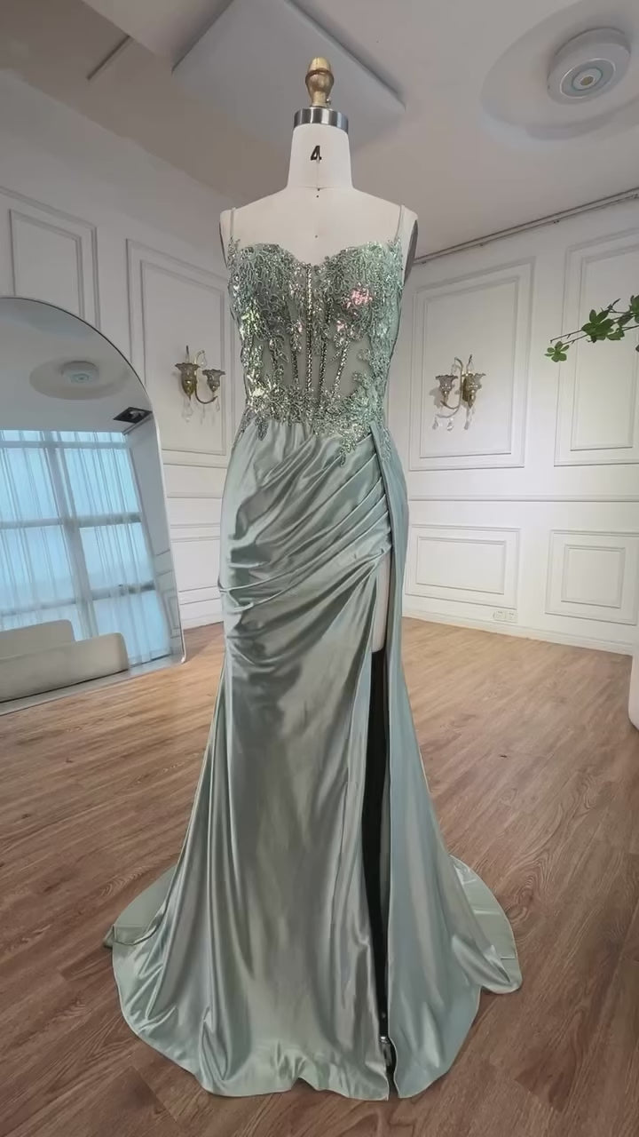Luxury Mint Green Satin Beaded Prom Dress with Slit LA72995