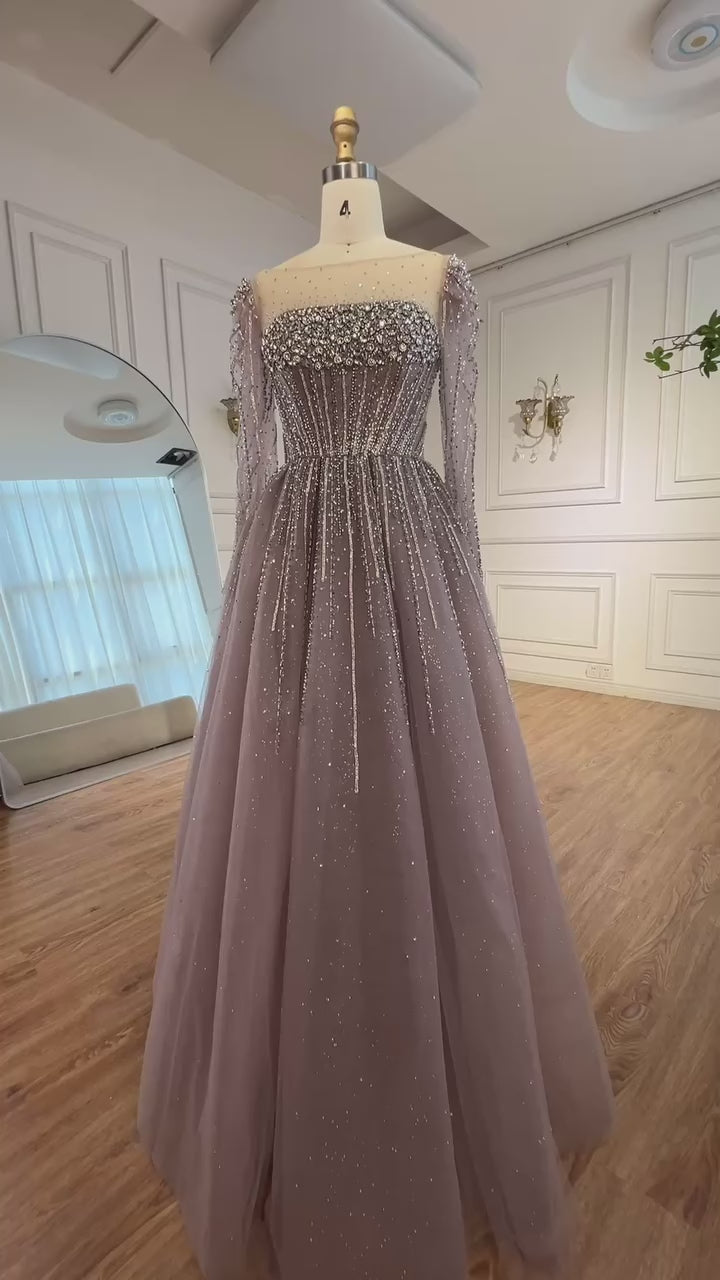 Luxury Caramel Sparkly A-Line Evening Dress with Long Sleeves LA72991