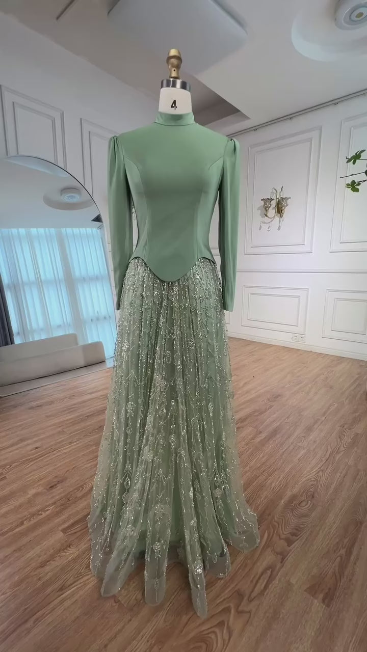 Luxury Sage Green Muslim Beaded Evening Dress LA72805A