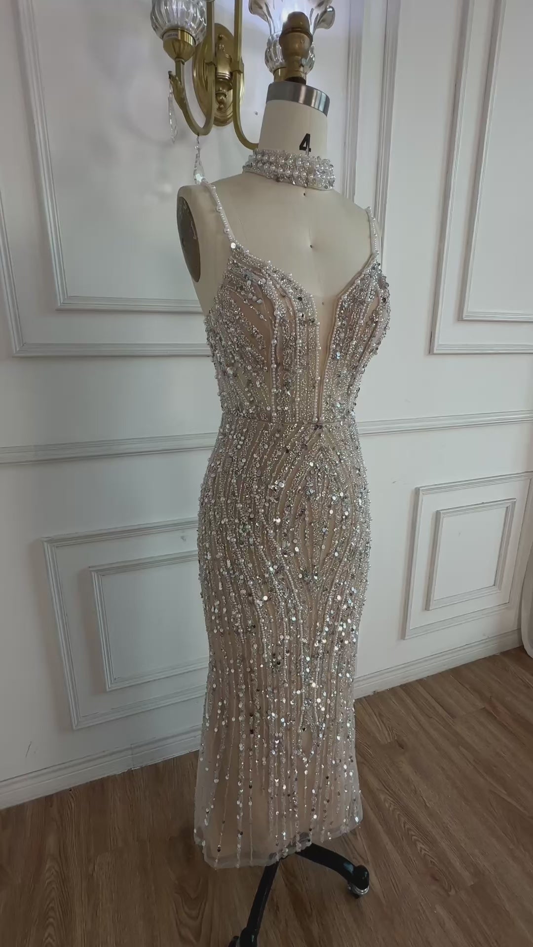 White Nude Beaded Evening Dress with Spaghetti Straps LA72047D