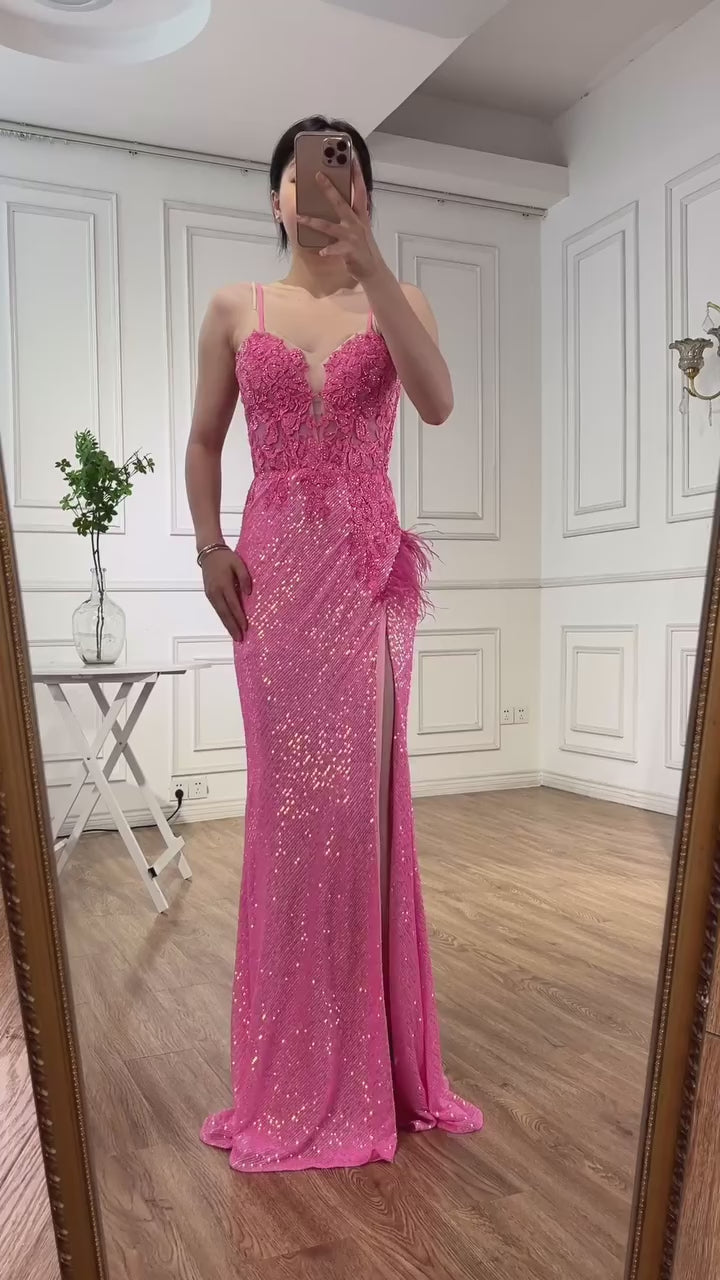 Luxury Pink Feather Beaded Mermaid Prom Dress with Slit LA72987