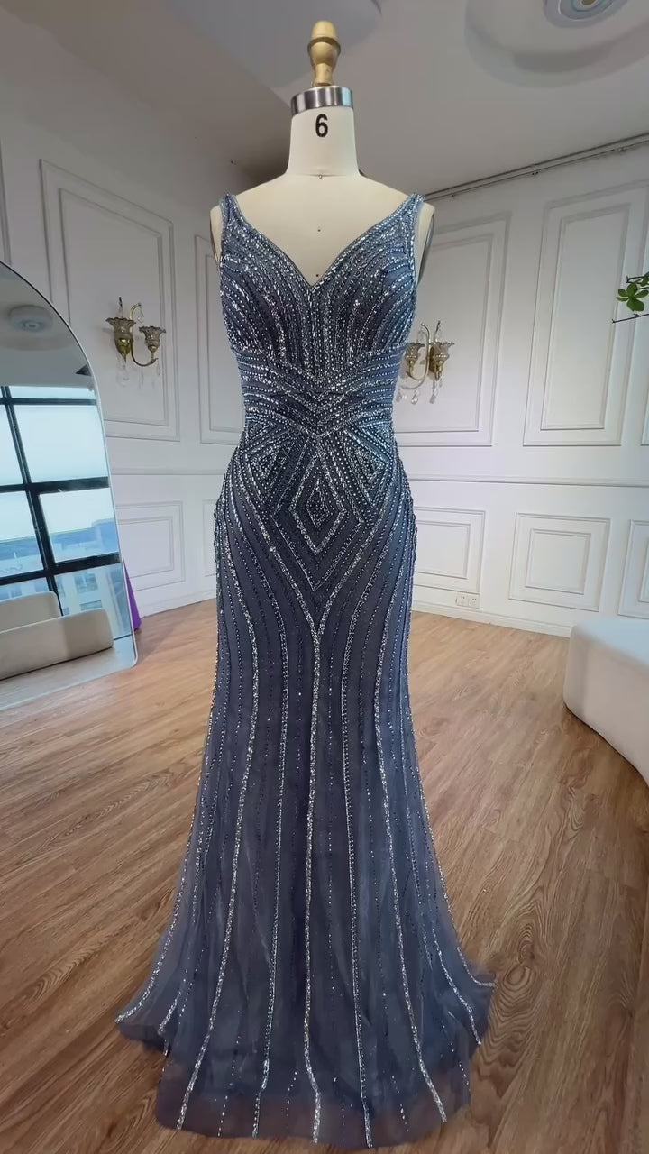 V Neck Beaded Sleeveless Mermaid Evening Dress LA73013