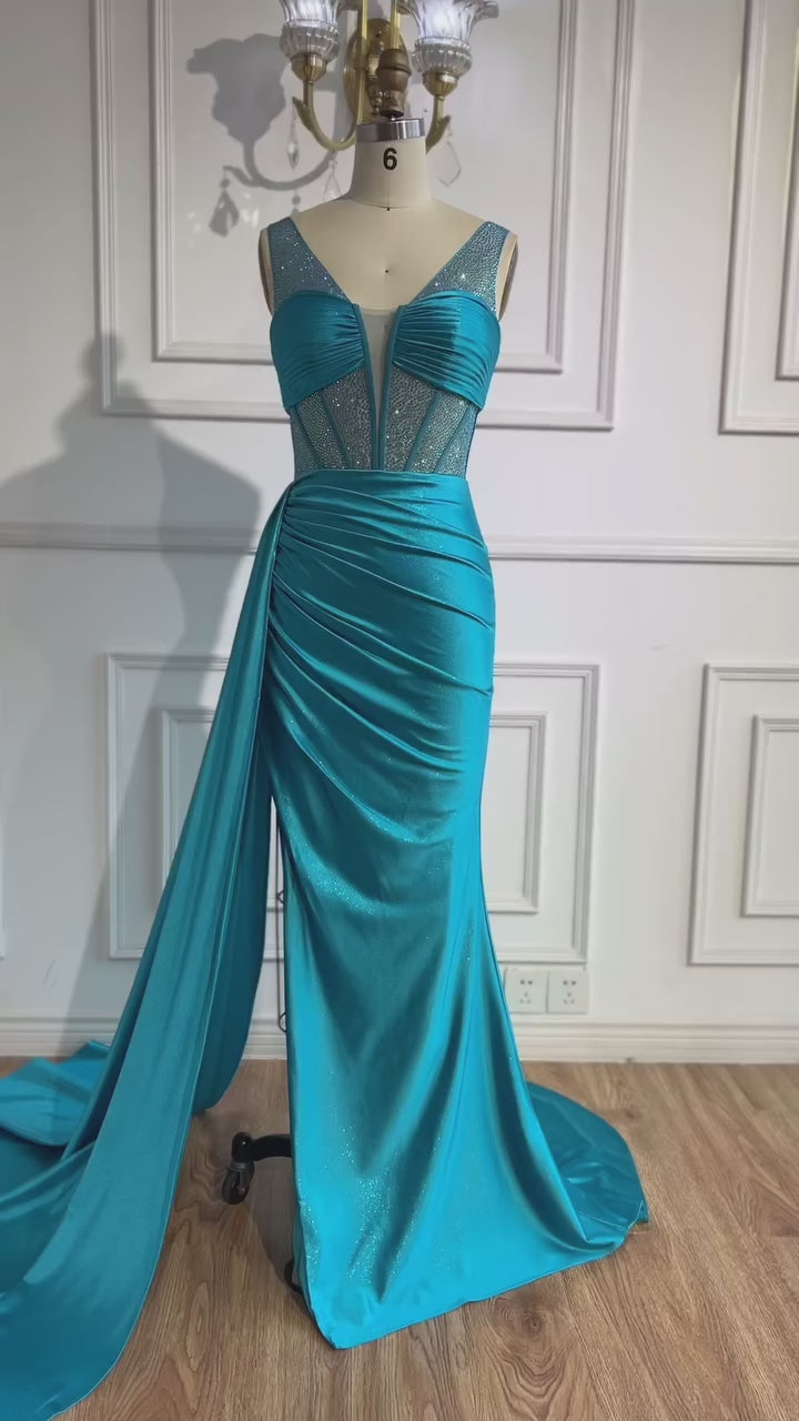 Corset Blue Prom Dress with Side Overskirt Spaghetti Straps LA73011