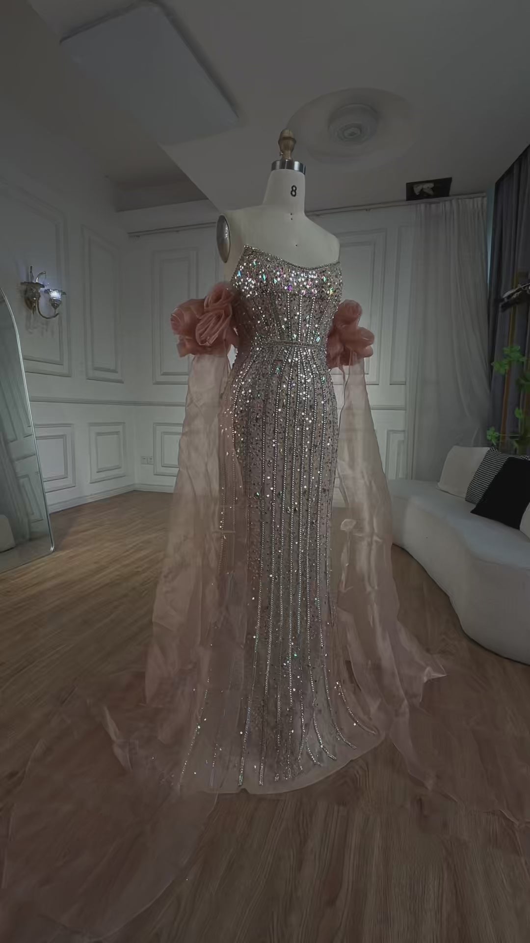 Luxury Pink Beaded Mermaid Evening Dress with Puff Sleeves LA72569