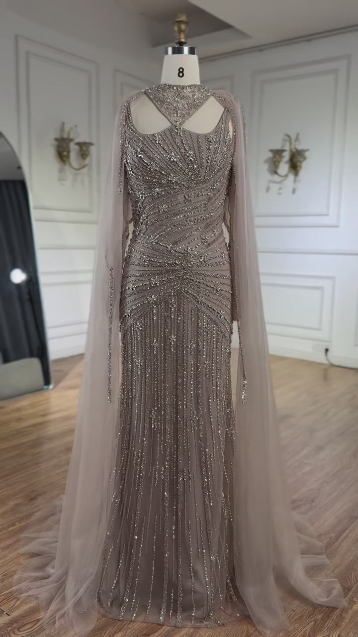 Luxury Caramel Mermaid Evening Dress with Cape Sleeves LA73052