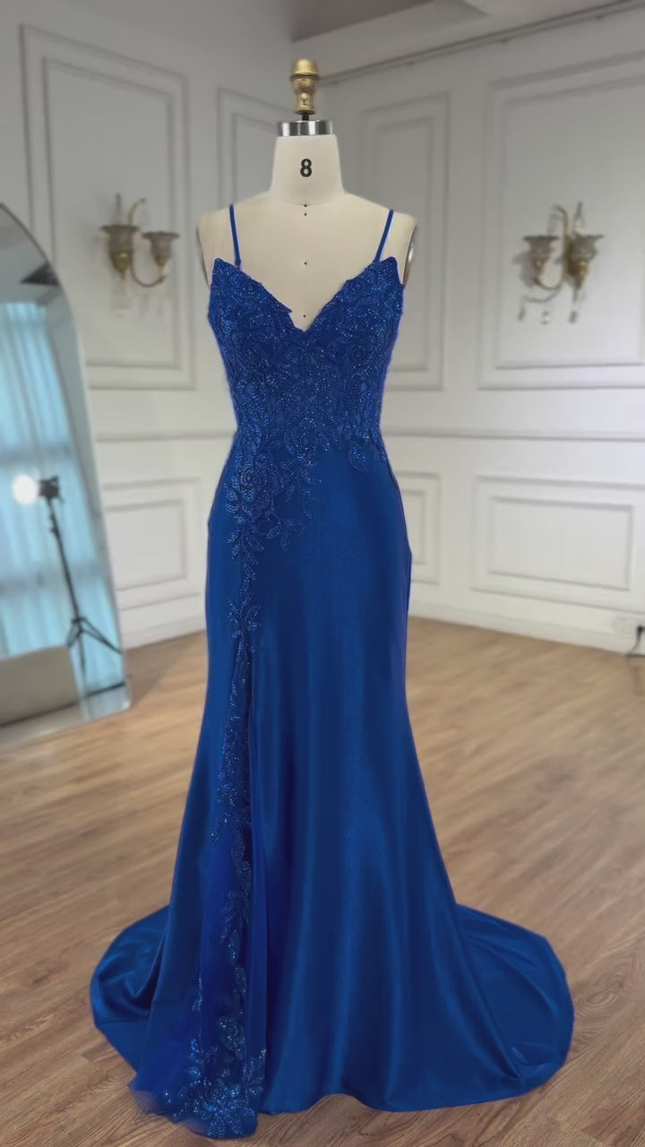 Luxury Navy Blue Lace Slit Prom Dress with Spaghetti Straps LA73041