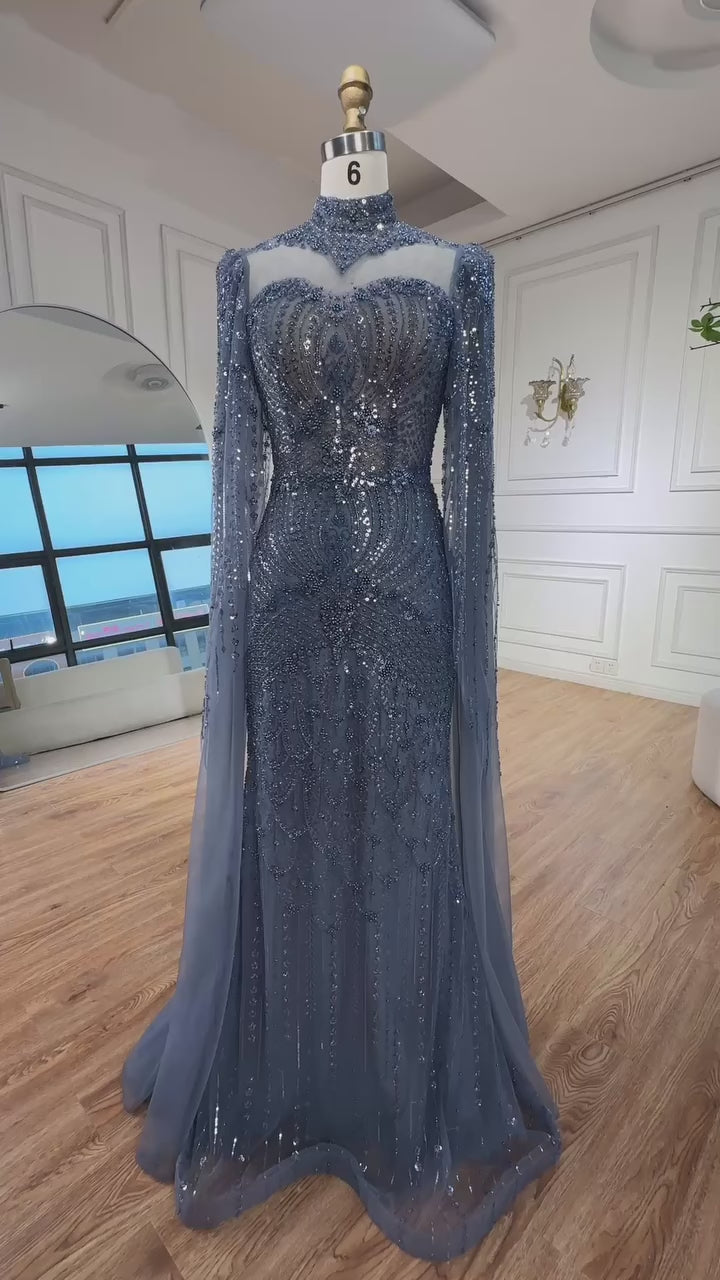 Modest Blue Mermaid Evening Dress with Cape LA73006