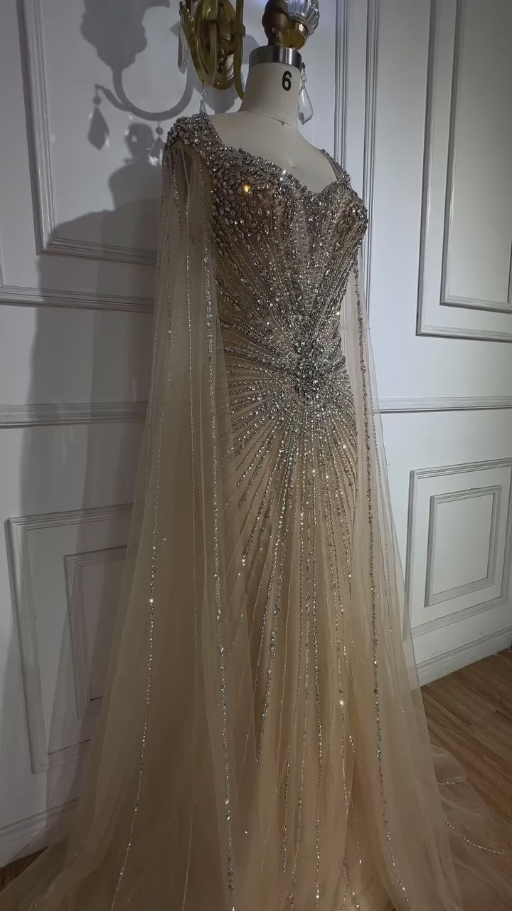 Dubai Luxury Nude Cape Sleeves Beaded Evening Dress LA72575A