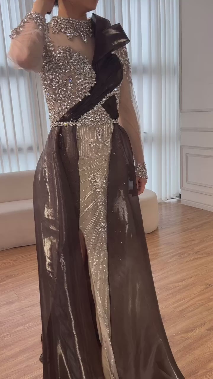 Luxury Nude Beaded Dress with Detachable Sleeves LA73065