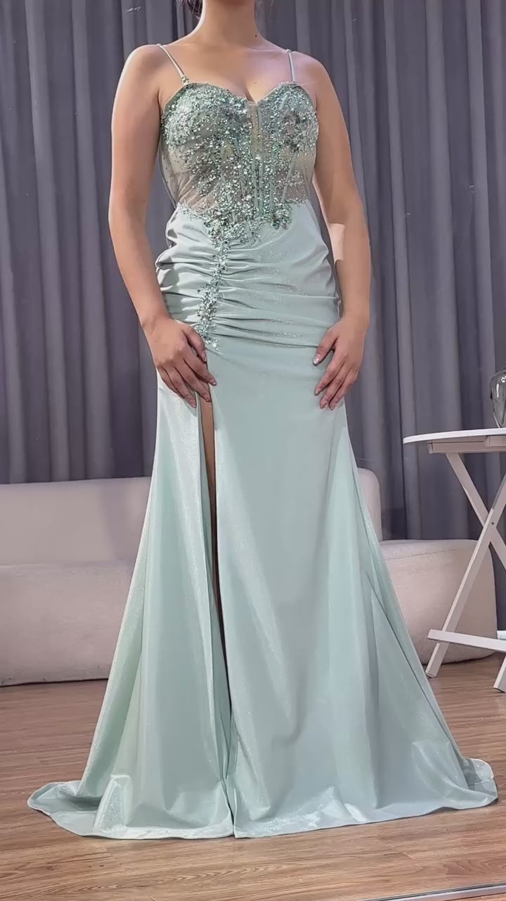 Classy Navy Satin Prom Dress with Lace Beaded and Slit LA73003