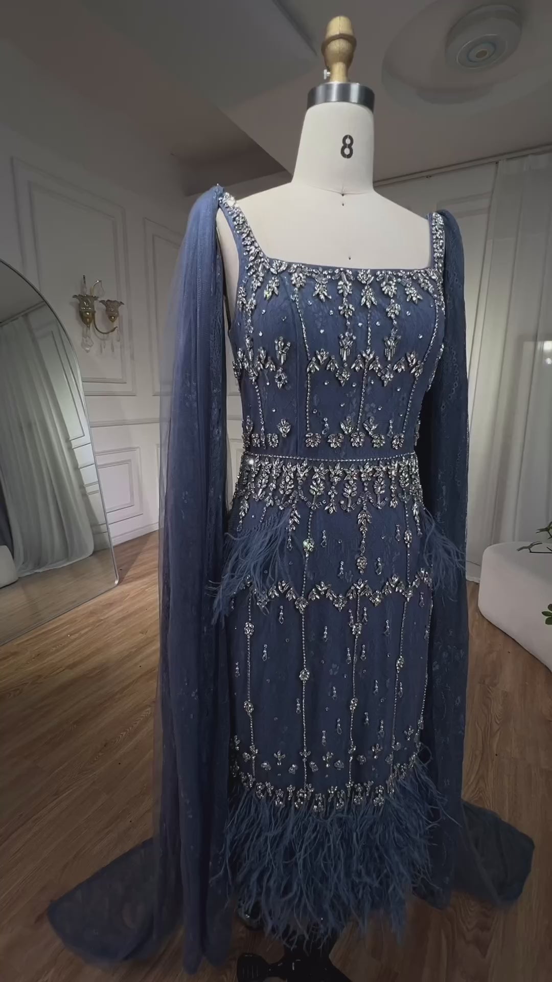 Luxury Blue Lace Midi Evening Dress with Crystals and Feathers LA71492A