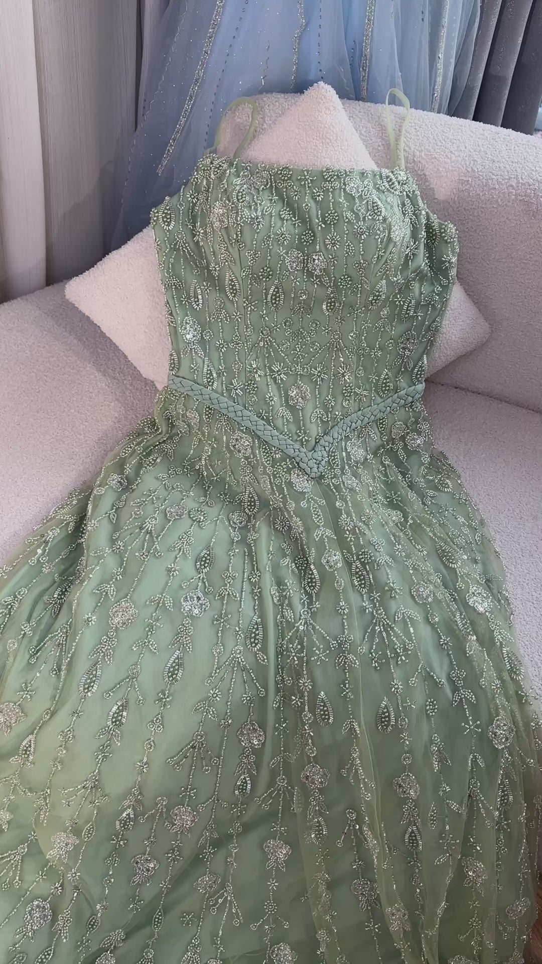 Luxury Sage Green Beaded A-Line Spaghetti Strap Evening Dress LA72805