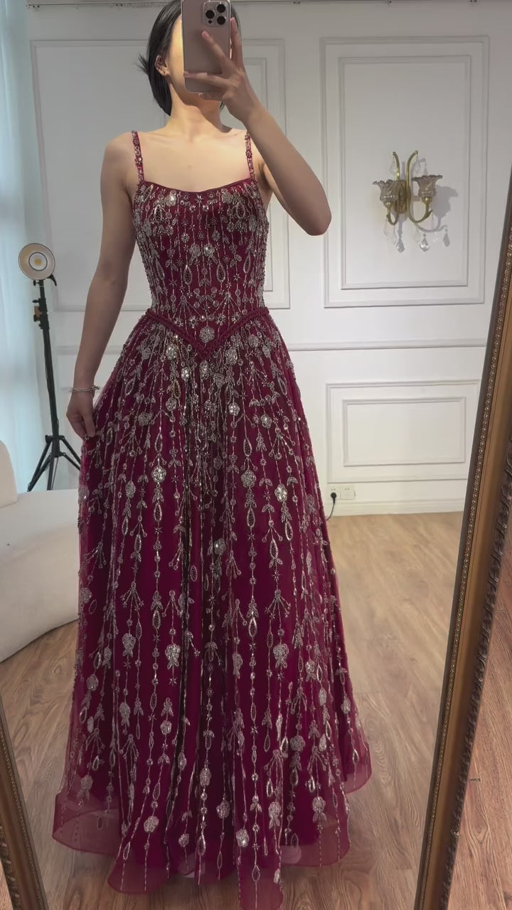 Luxury Sage Green Beaded A-Line Spaghetti Strap Evening Dress LA72805