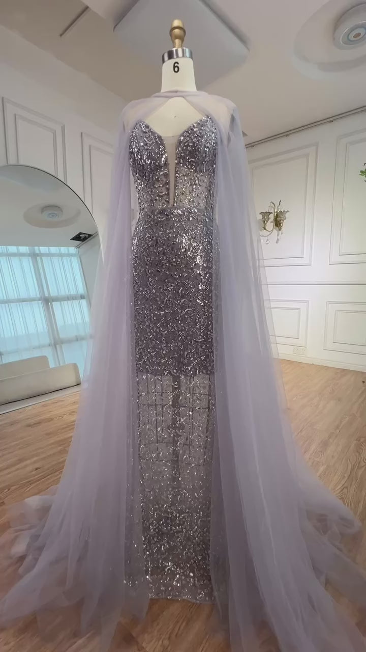Luxury White Sequin Mermaid Evening Dress with Cape LA72996