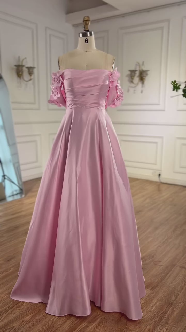 Luxury Pink Satin A Line Off Shoulder Arabic Evening Dress LA73036