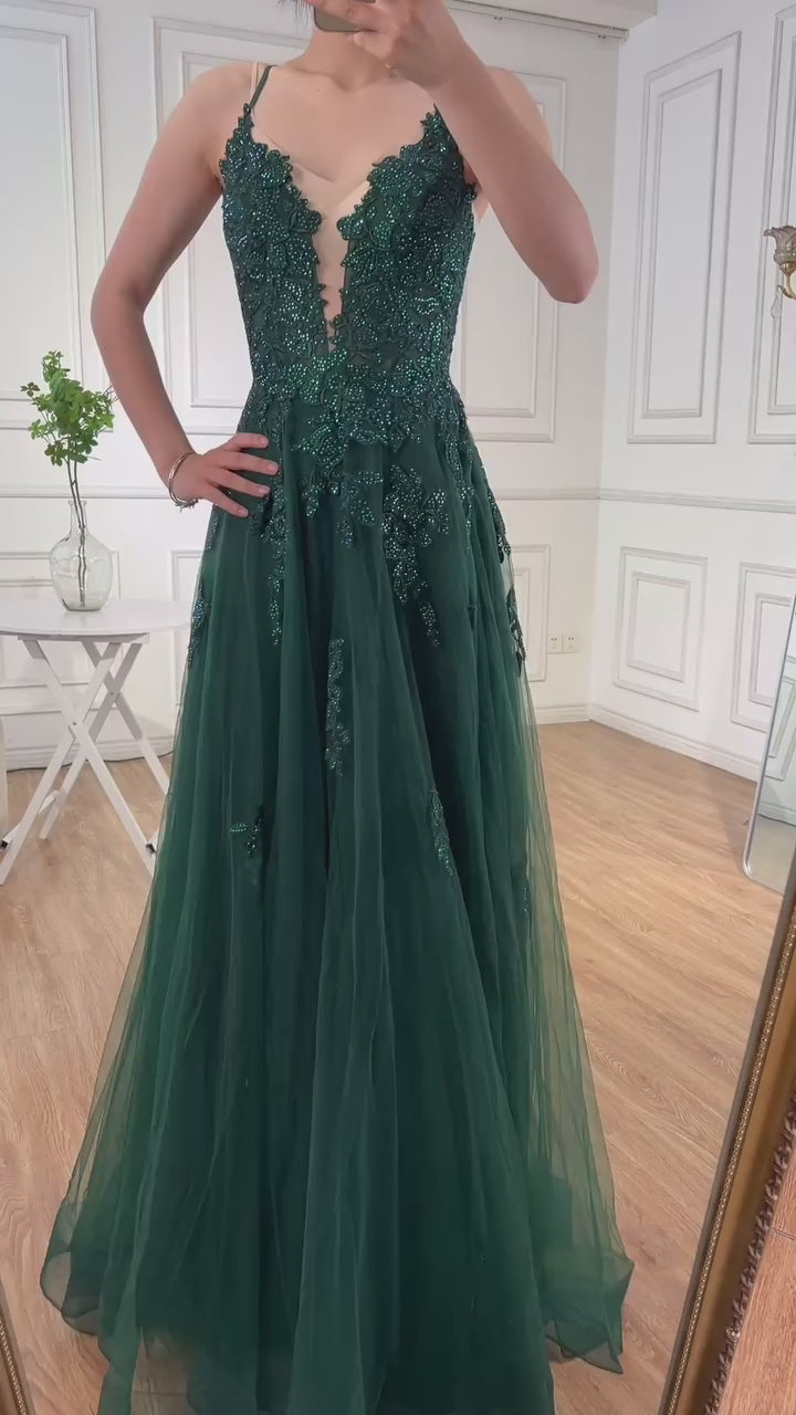 Luxury Sage Green Lace A-Line Prom Dress with Spaghetti Straps LA73005