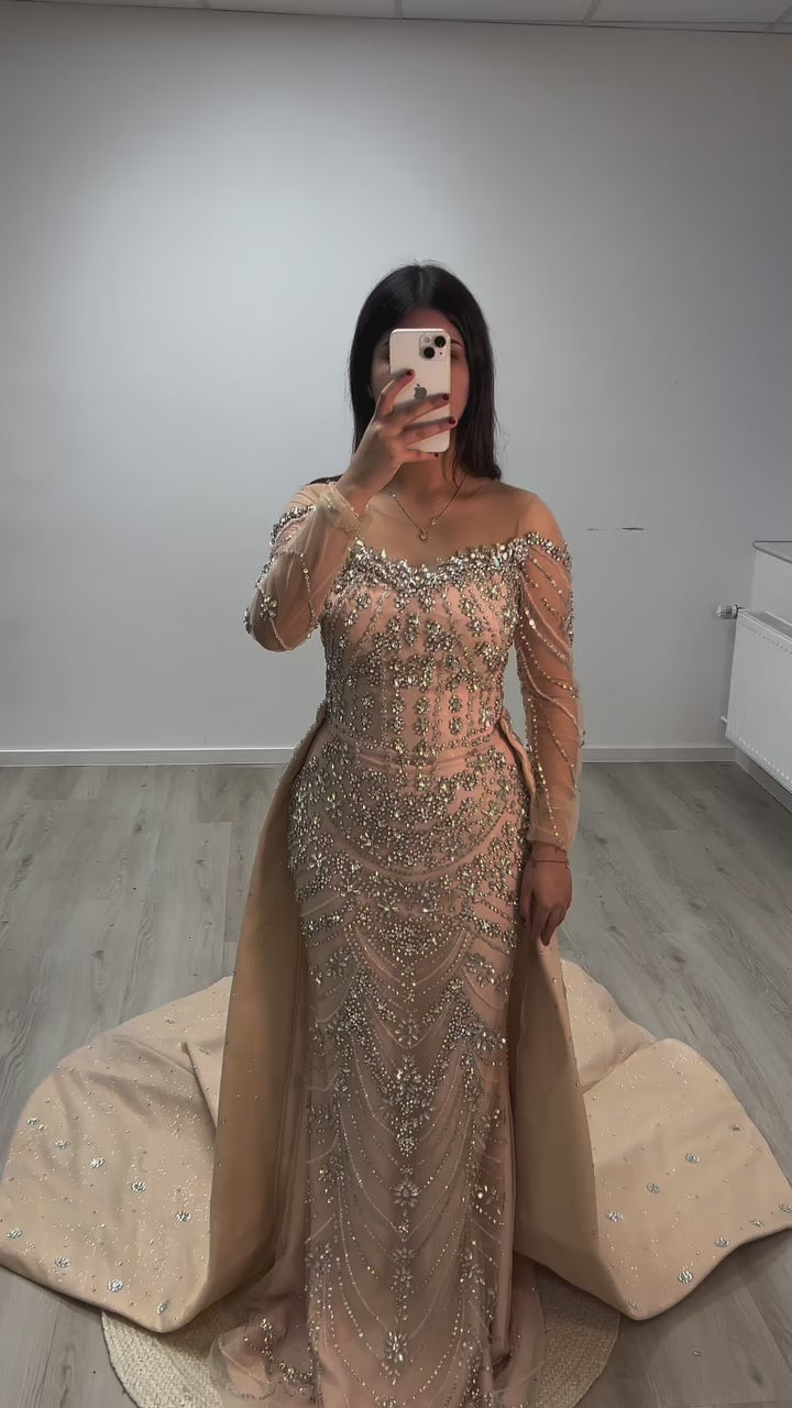 Luxury Off Shoulder Beaded Evening Dress with Long Sleeves and Train LA72930
