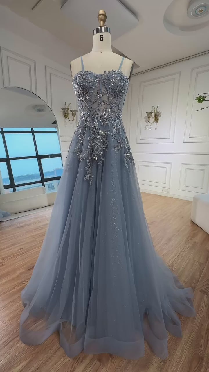 Luxury Gray Tulle A Line Prom Dress with Floral Appliques LA73015