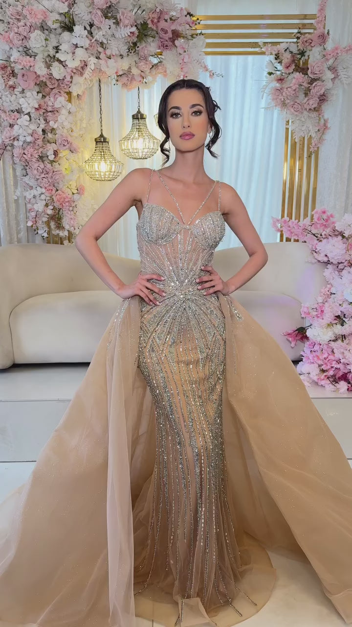 Nude Strapless Beaded Mermaid Evening Dress with Overskirt LA73090