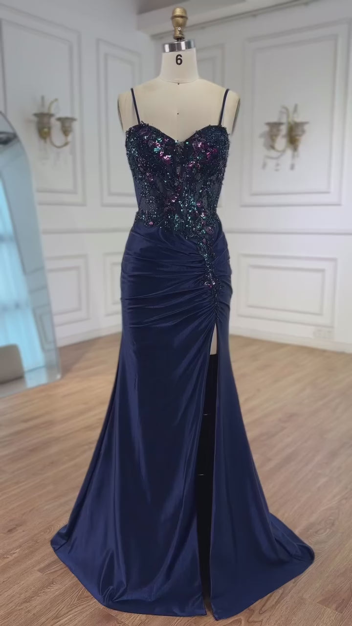 Classy Navy Satin Prom Dress with Lace Beaded and Slit LA73003
