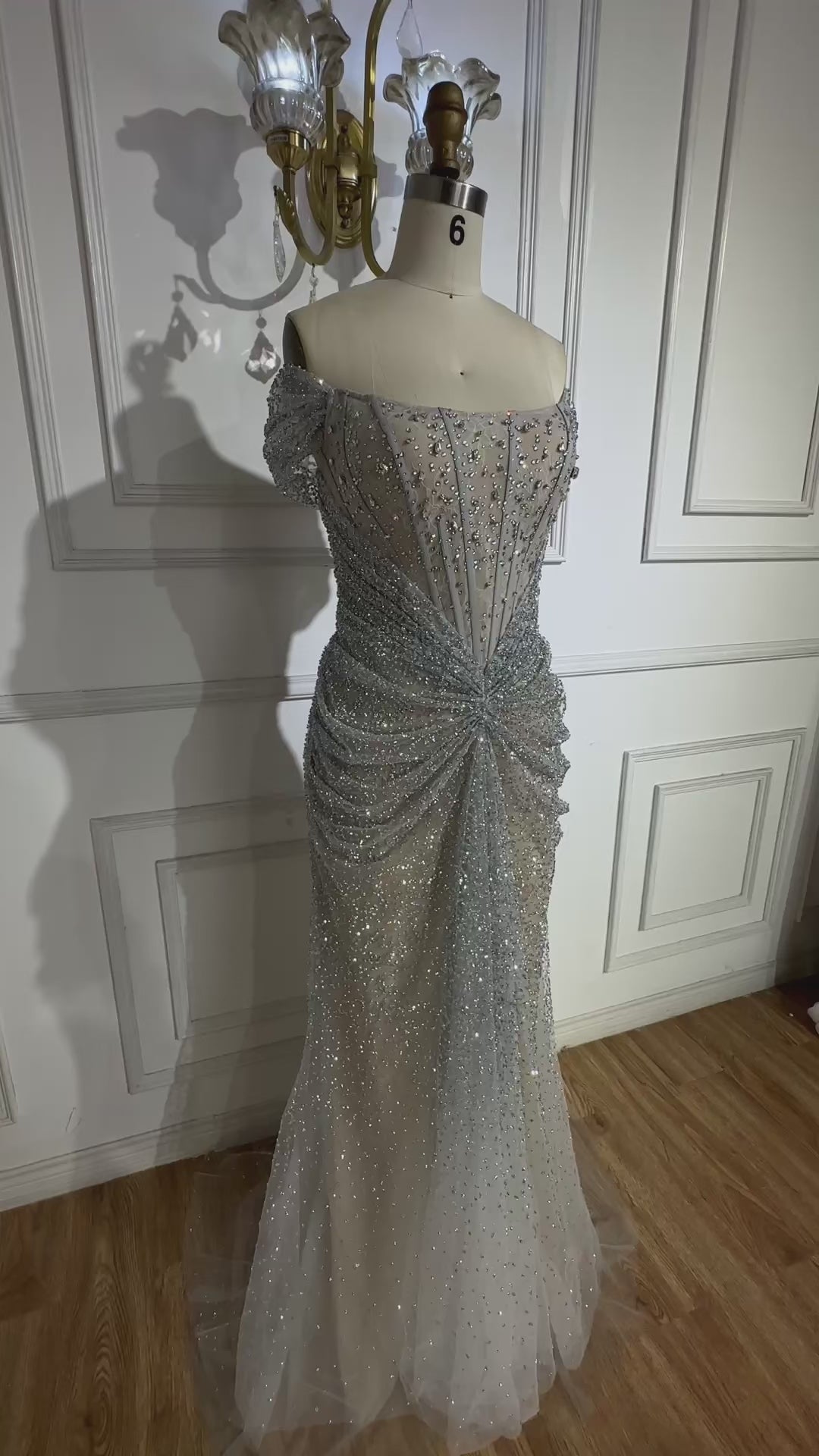 Luxury Designer Beaded Silver Nude Mermaid Evening Dress LA72905