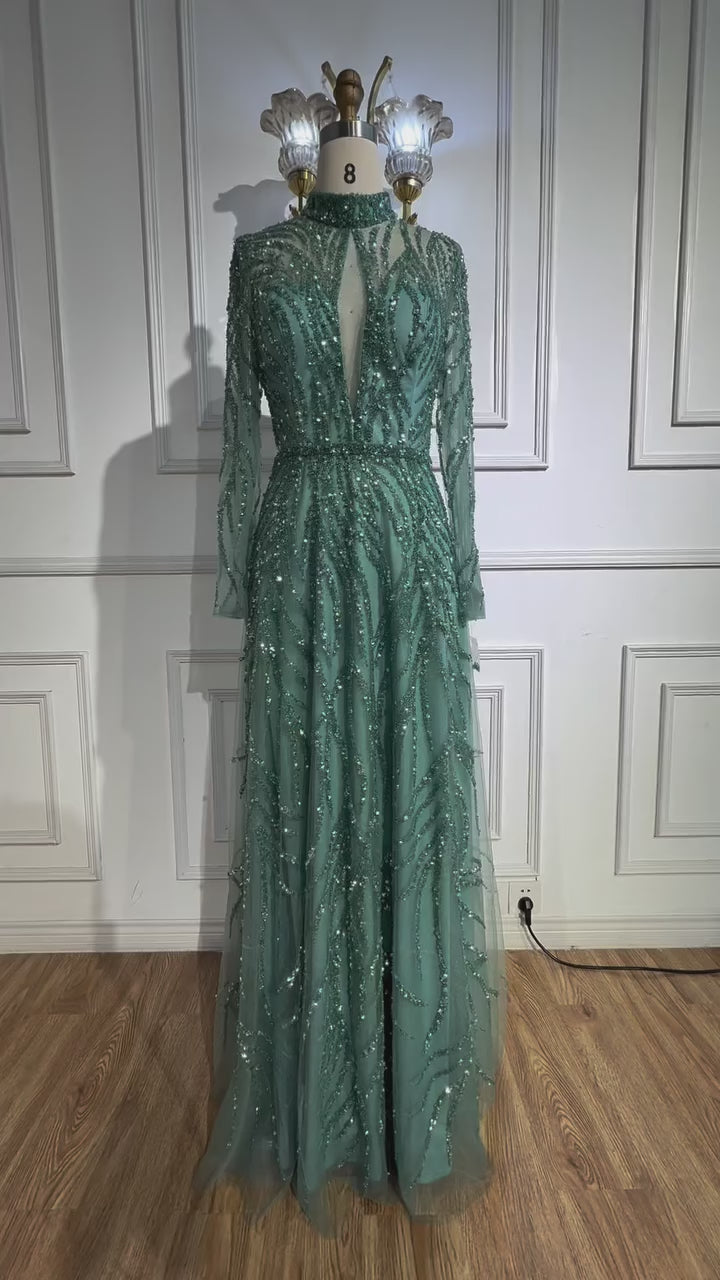 Elegant High Neck A-Line Beaded Evening Dress LA71682A