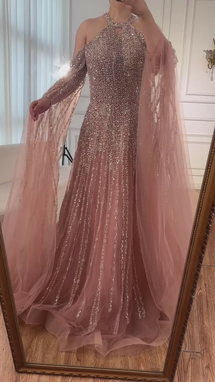 Luxury Turquoise Beaded A Line Evening Dress with Cape Sleeves LA72820