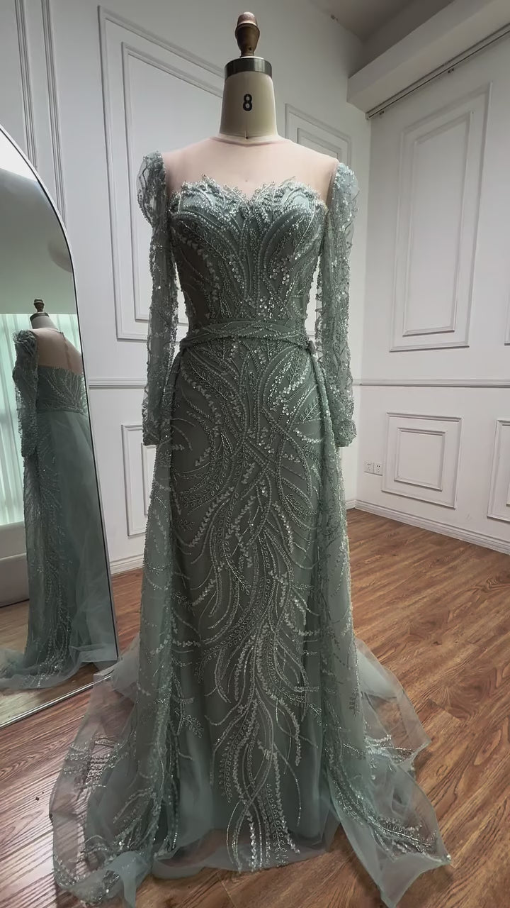 Luxury Sage Green Beaded Evening Dress with Detachable Overskirt LA73066