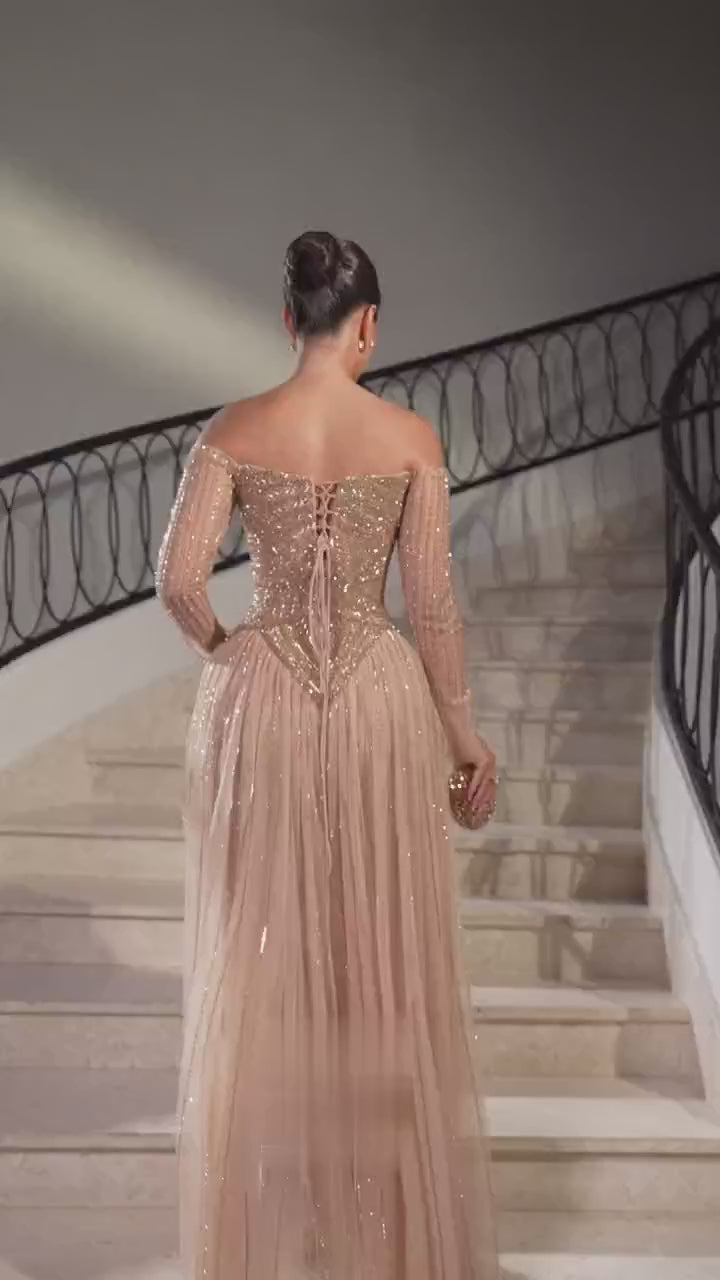 Luxury Nude Off Shoulder A-Line Beaded Evening Dress LA73038