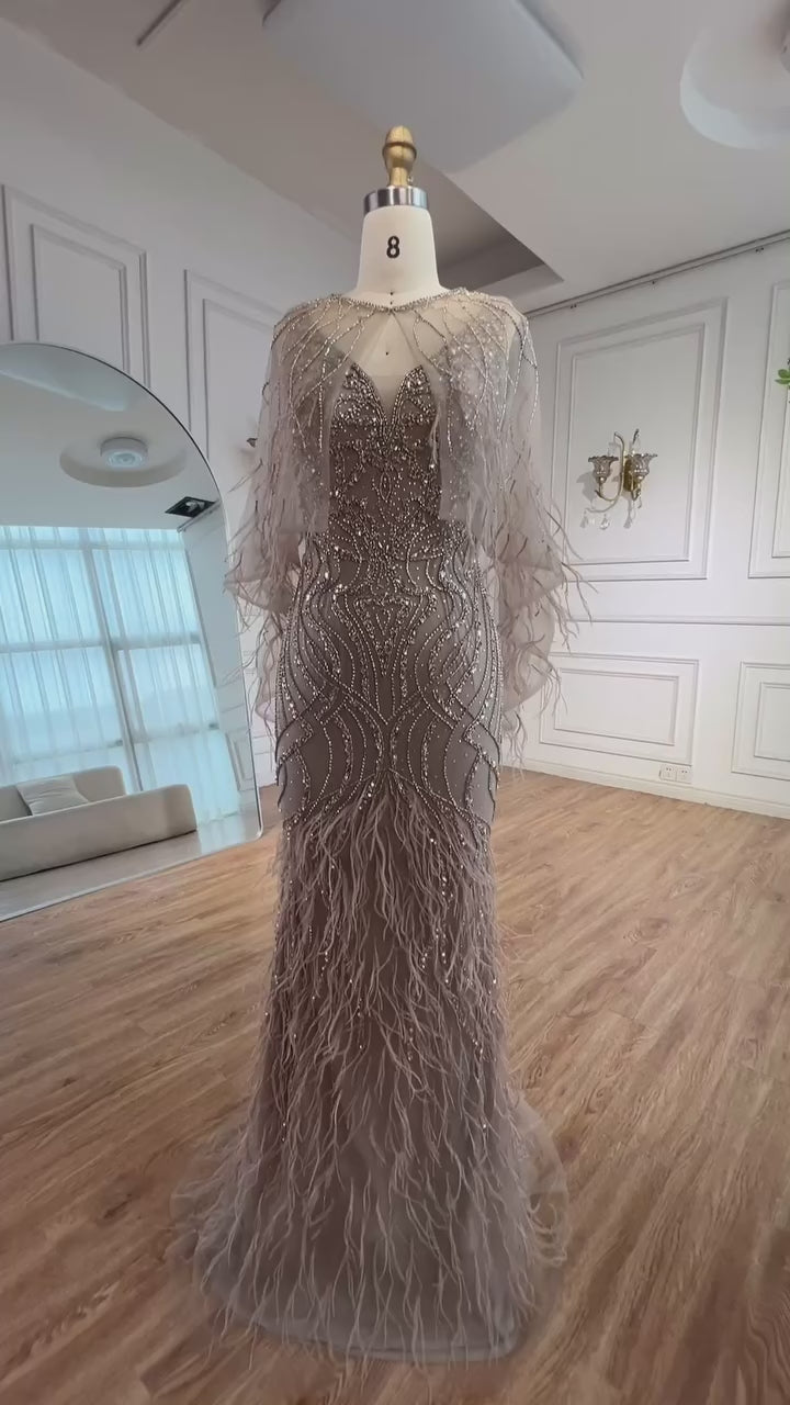 Luxury Caramel Feather Beaded Mermaid Evening Dress LA71866