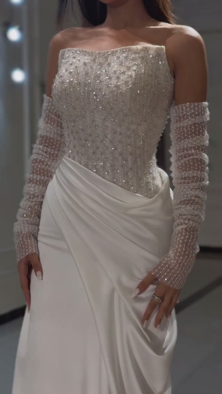 White Strapless Beaded Evening Dress with Detachable Sleeves LA72293A