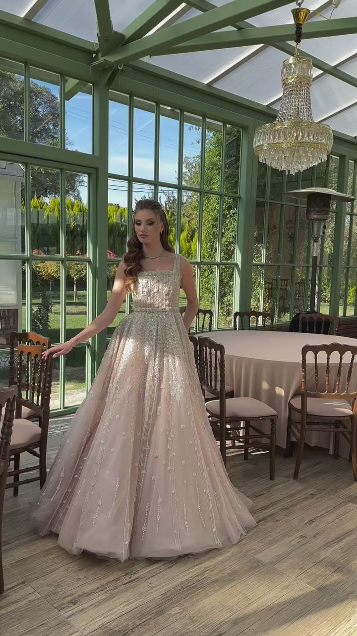 Nude Square Neck Beaded A-Line Evening Dress LA72835