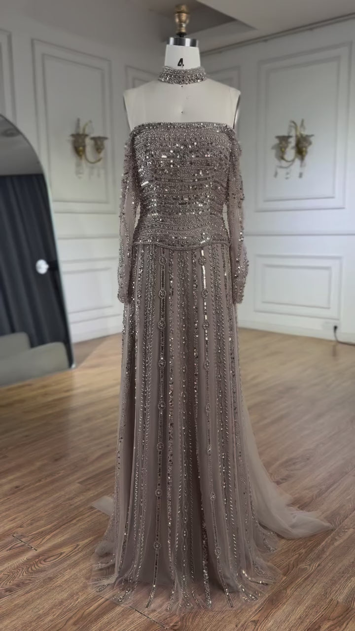 Luxury Caramel Off Shoulder Beaded Mermaid Evening Dress Long Sleeves LA73053