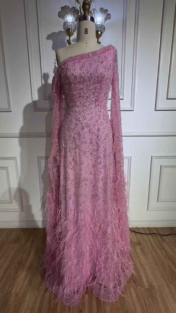 Luxury Feather One Shoulder Evening Dress with Cape Sleeves LA72763