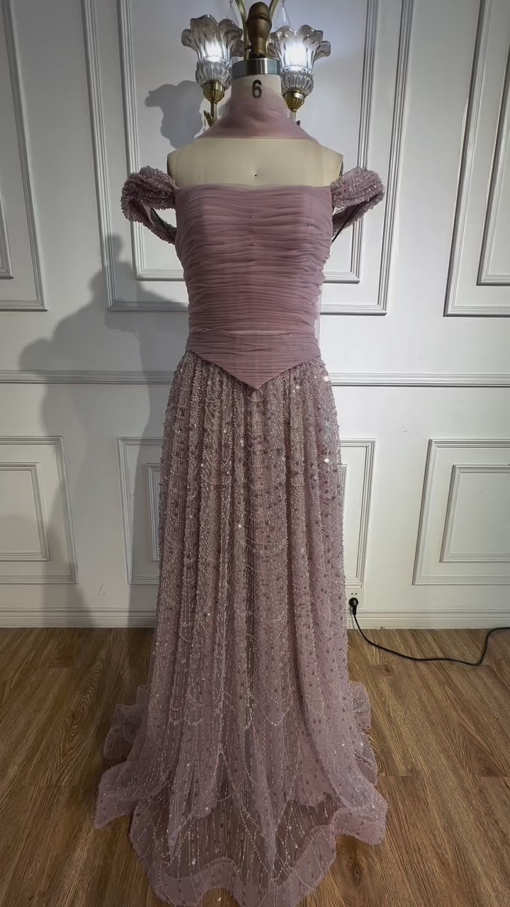 Luxury Arabic Pink Pearls Beaded Evening Dress With Cape LA72922