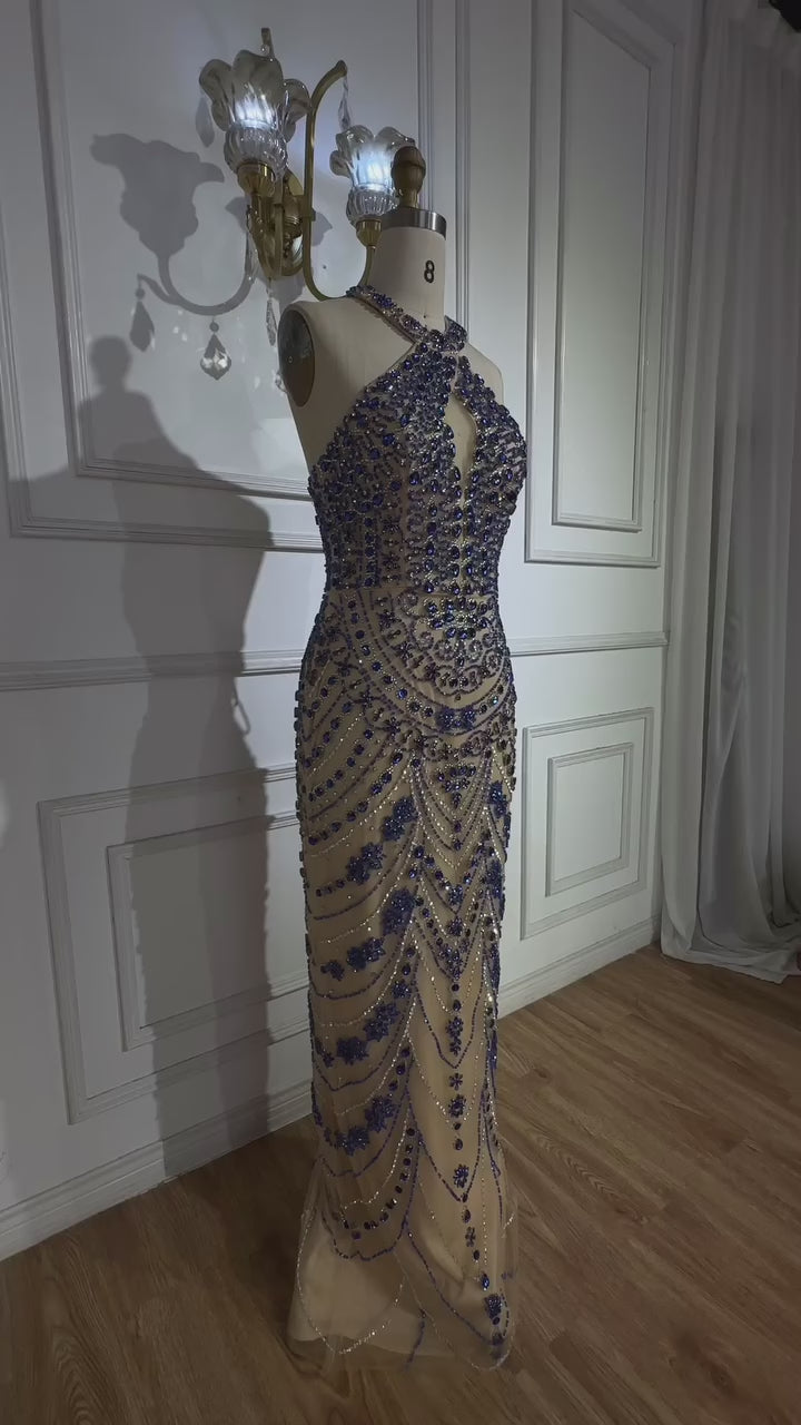 Luxury Blue Beaded Mermaid Evening Dress LA72858