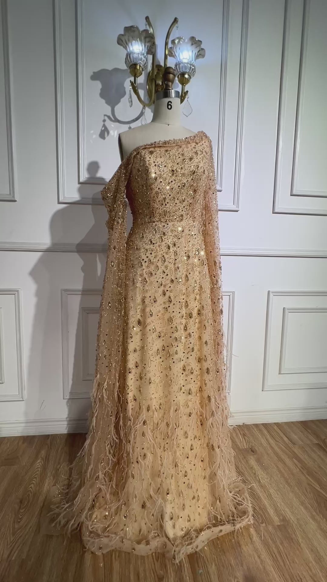 Luxury Feather One Shoulder Evening Dress with Cape Sleeves LA72763