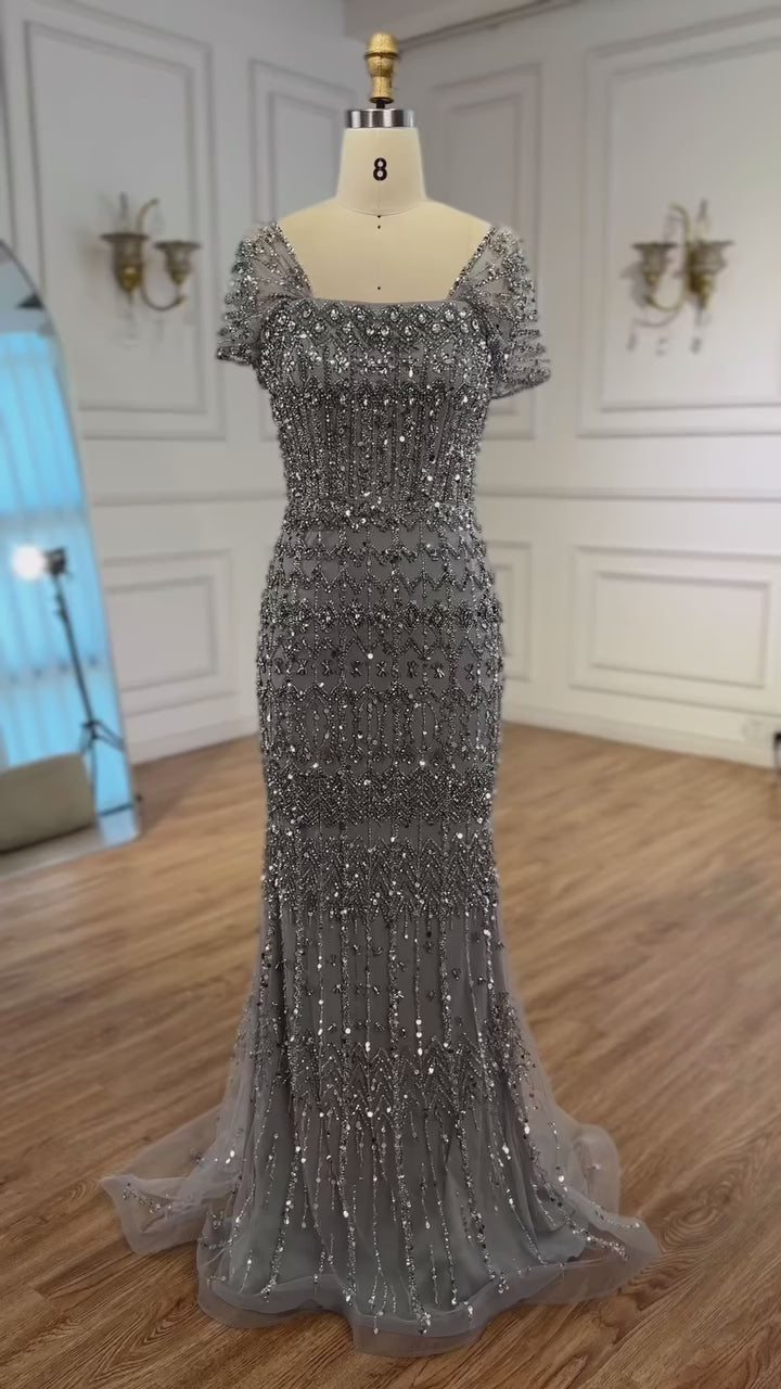Luxury White Mermaid Beaded Evening Dress with Short Sleeves LA72714