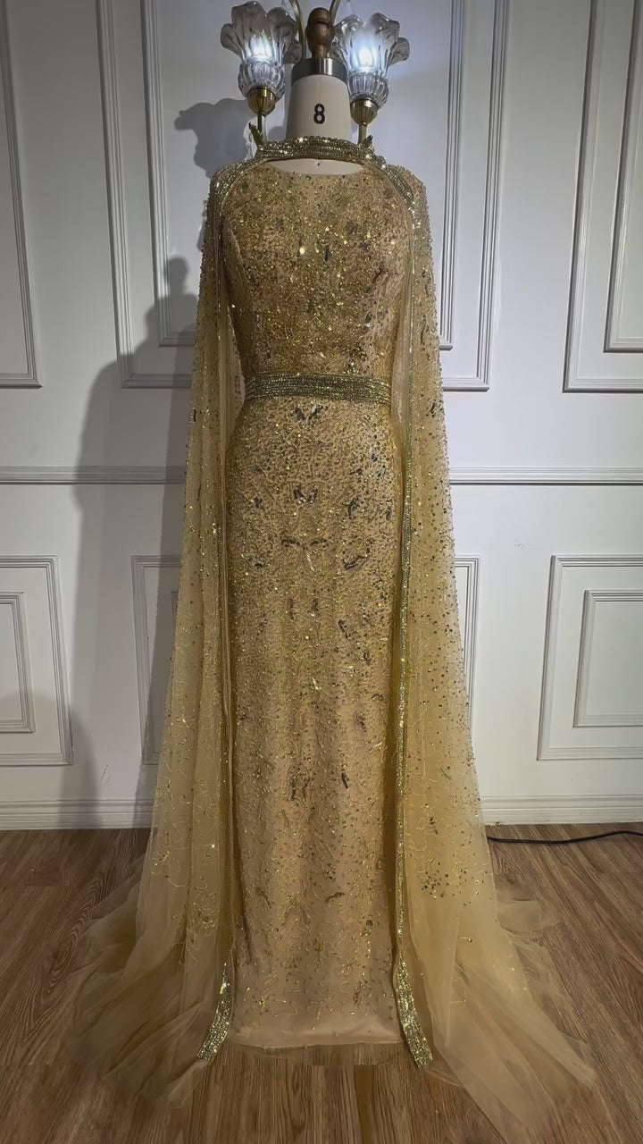 Luxury Gray Arabic Mermaid Evening Dress with Cape LA72180